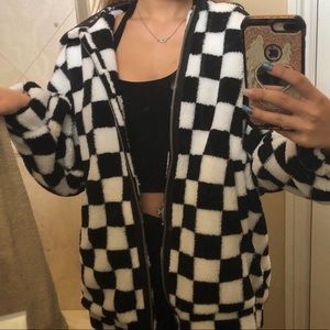 Faux fur checkered coat // brand new